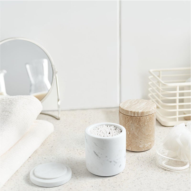 WORHE Travertine Qtip Holder Dispenser with Lid for Cotton Swabs Balls Pads Floss Picks Large Capacity Marble Apothecary Jar for Bathroom Essentials Decor  Vanity Makeup Storage Organizer Beige(WH050) - Image 2